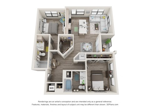 Floor plan for 2 beds, 2 baths, 1153 sqft